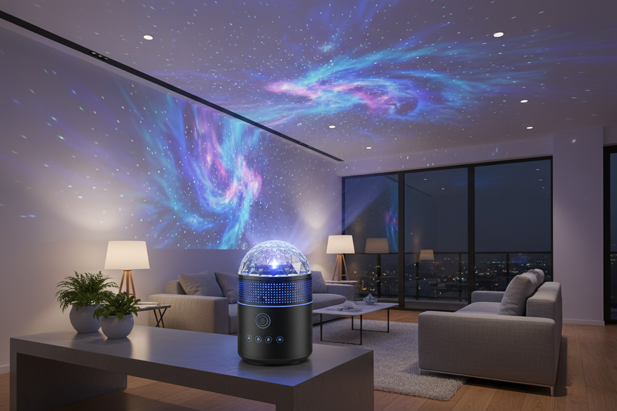 Projecteur galaxie identique au modèle : base noire cylindrique, bande bleue ajourée, ports USB et boutons frontaux, dôme facetté transparent. Placé dans un salon moderne et cosy, quelques plantes, décor minimaliste. Lumière tamisée. Projection réaliste de nébuleuses et étoiles bleu-violet-rose sur les murs. Photo premium, ultra nette, ambiance apaisante, style professionnel haut de gamme, couleur AURORA