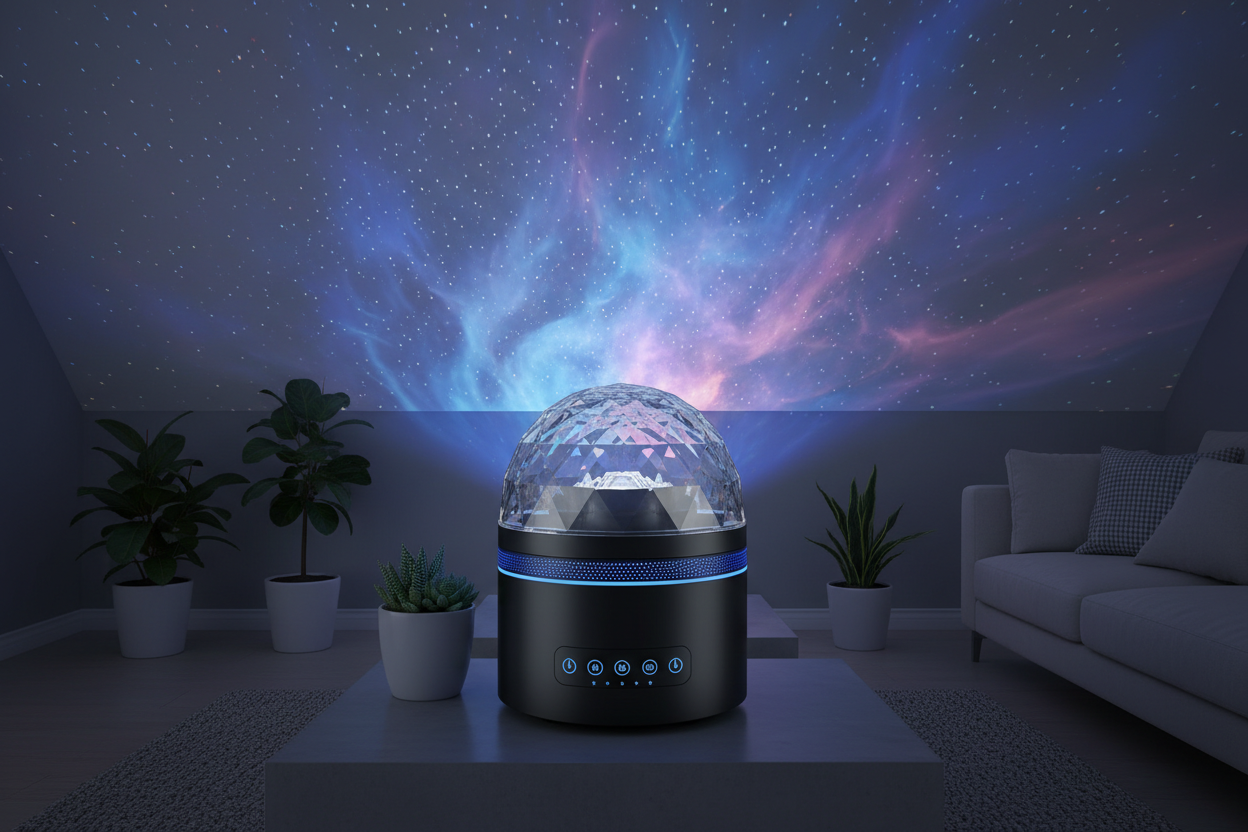 Projecteur galaxie identique au modèle : base noire cylindrique, bande bleue ajourée, ports USB et boutons frontaux, dôme transparent facetté. Posé dans une pièce moderne et cosy avec quelques plantes et décor minimaliste. Ambiance légèrement sombre. Le projecteur diffuse une projection réaliste de nébuleuses et étoiles bleu, violet, rose sur murs et plafond. Photo premium, ultra réaliste, style lifestyle professionnel, effet magique et apaisant