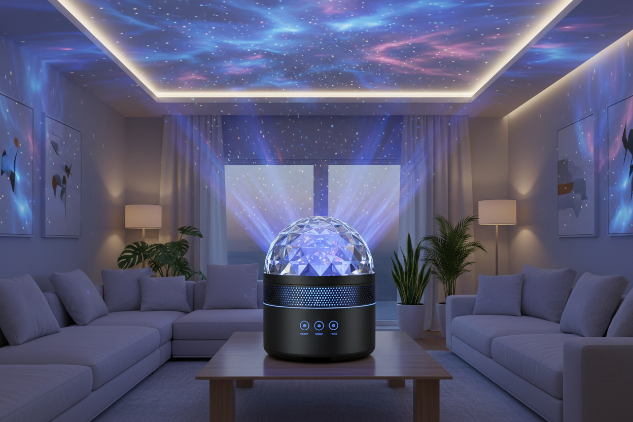 Projecteur galaxie identique au modèle Couleur Water Ripple : base noire cylindrique, bande bleue ajourée, ports USB et boutons frontaux, dôme facetté transparent. Placé dans un salon moderne et cosy, quelques plantes, décor minimaliste. Lumière tamisée. Projection réaliste de nébuleuses et étoiles bleu-violet-rose sur les murs. Photo premium, ultra nette, ambiance apaisante, style professionnel haut de gamme.